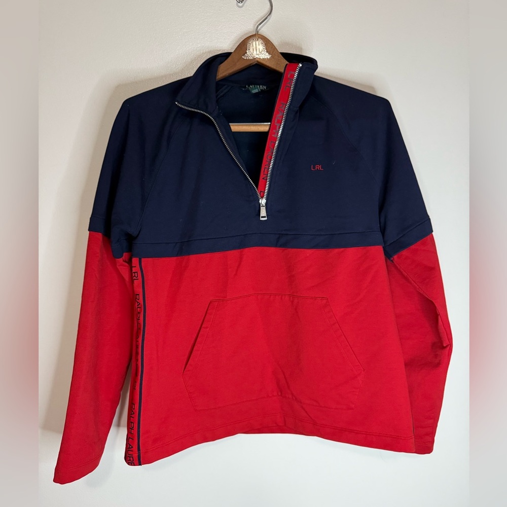 Ralph Lauren Red and Navy Half-Zip Pullover with Logo Detail size large